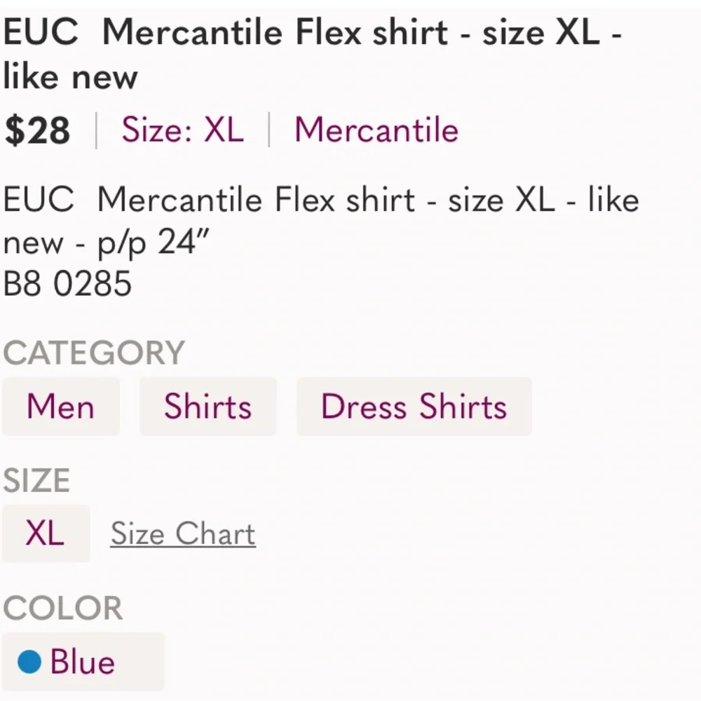 Excellent Preowned Condition Mercantile Long Sleeve Button Down Shirt Size XL.